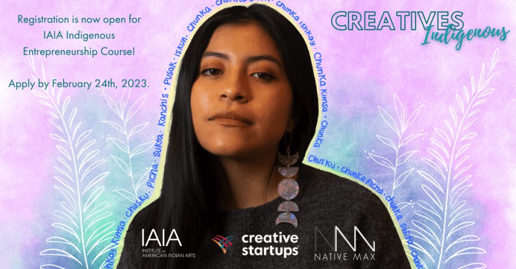 beautiful art background with program alumni. Indigenous woman adorned by moon phase earrings with white outlined plant shapes, on a pink purple blue and green background